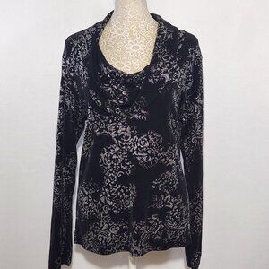 Chicos Travelers Size 2/12-14 Black Floral Metallic Thread Cowl Neck Slinky Top